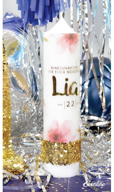 Lumanare de botez personalizata, print folio gold, 30x8cm, Macii cu dor 3